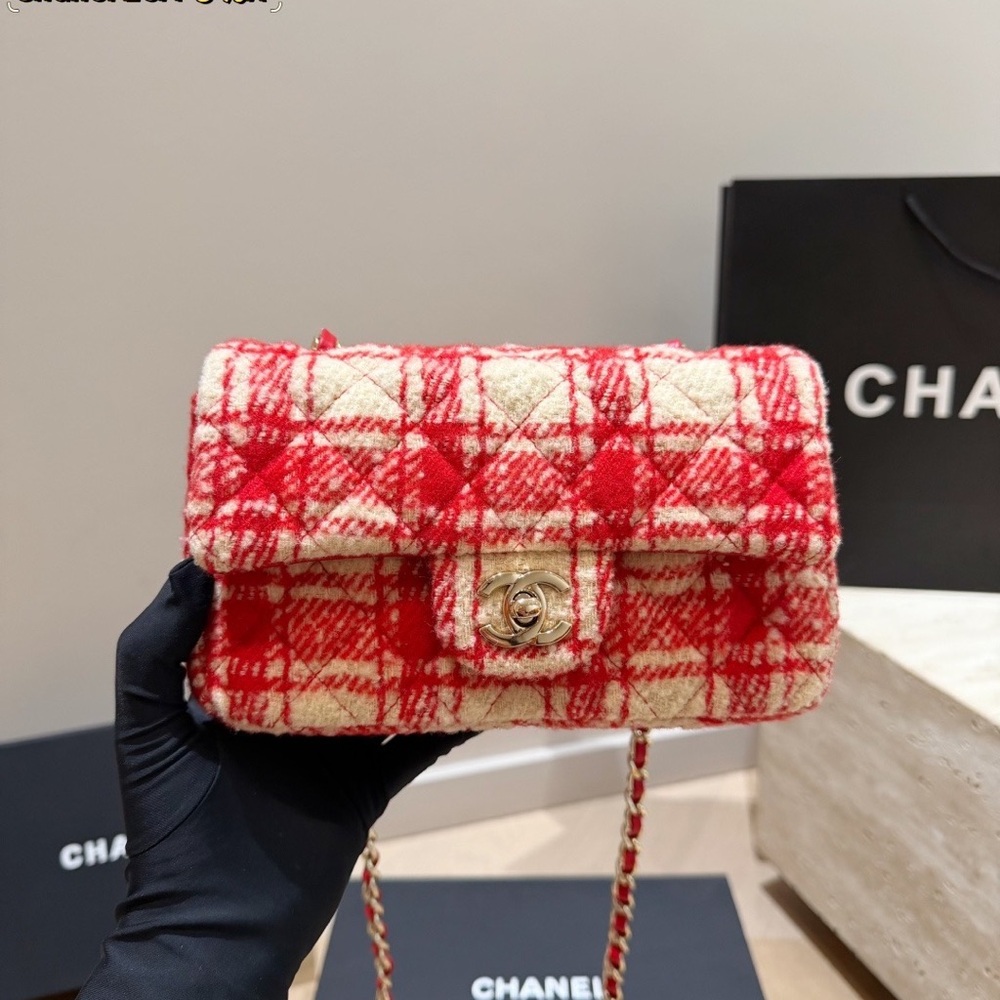 CHANEL Red & Cream Tweed Mini Crossbody Bag with Gold CC